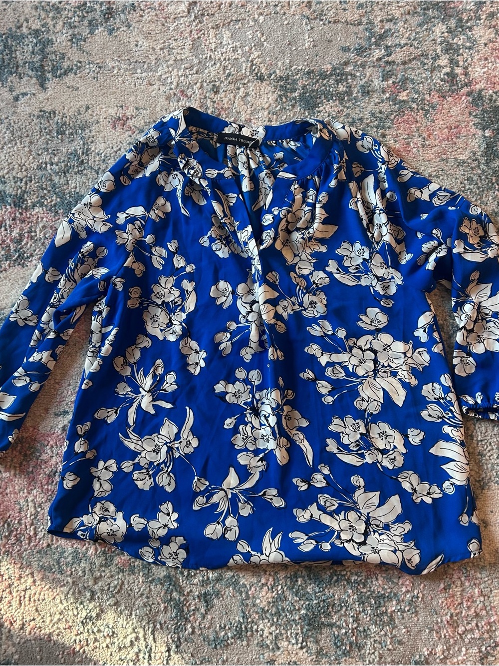 Ivanka Trump Royal Blue White Floral V-Neck Blouse